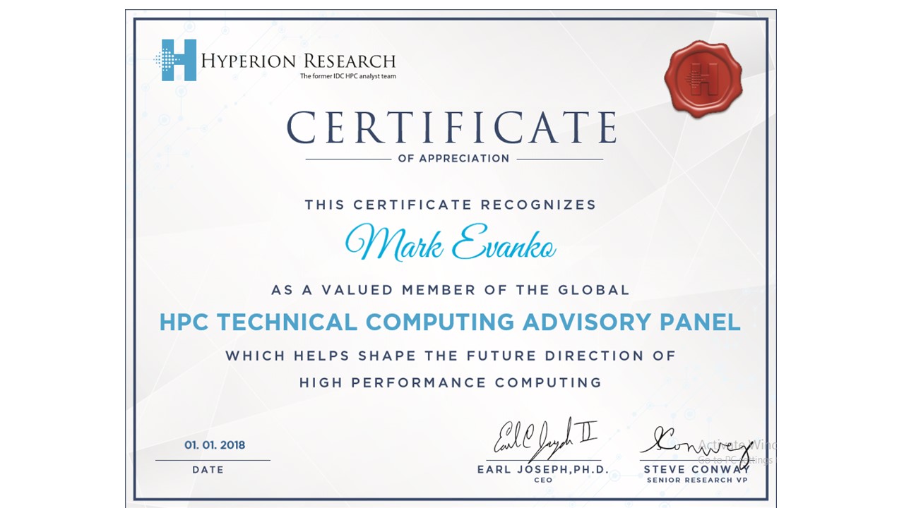 Mark Evanko Receives Certificate of Appreciation from High Performance Computing Technical
